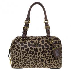 Pre Owned Prada Brown Animal Print Pony Hair Boston Bag
