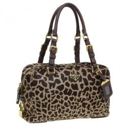 Pre Owned Prada Brown Animal Print Pony Hair Boston Bag