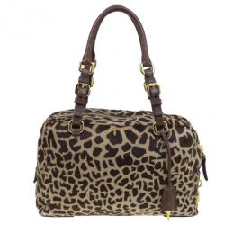 Pre Owned Prada Brown Animal Print Pony Hair Boston Bag