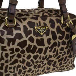 Pre Owned Prada Brown Animal Print Pony Hair Boston Bag