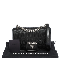 Pre Owned Prada Black Nappa Gaufre Leather Flap Chain Shoulder Bag