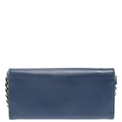 Pre Owned Prada Blue Saffiano Lux Leather Metal Oro Chain Wallet