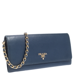Pre Owned Prada Blue Saffiano Lux Leather Metal Oro Chain Wallet