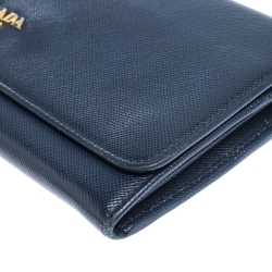 Pre Owned Prada Blue Saffiano Lux Leather Metal Oro Chain Wallet