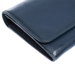 Pre Owned Prada Blue Saffiano Lux Leather Metal Oro Chain Wallet