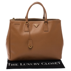 Pre Owned Prada Tan Saffiano Lux Leather Double Zip Executive Tote