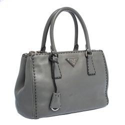 Pre Owned Prada Grey Stitched City Leather Double Zip Tote