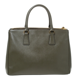 Pre Owned Prada Khaki Green Saffiano Lux Leather Medium Galleria Double Zip Tote