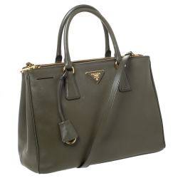 Pre Owned Prada Khaki Green Saffiano Lux Leather Medium Galleria Double Zip Tote