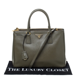 Pre Owned Prada Khaki Green Saffiano Lux Leather Medium Galleria Double Zip Tote