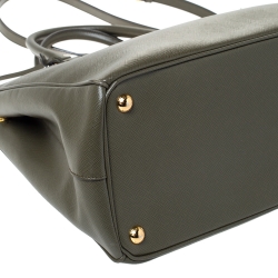 Pre Owned Prada Khaki Green Saffiano Lux Leather Medium Galleria Double Zip Tote