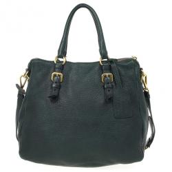 مملوكة مسبقًا Prada Dark Green Leather Logo Detail Top Handle Bag