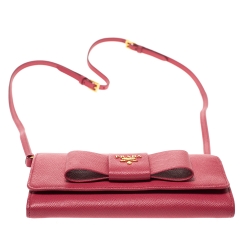 Pre Owned Prada Pink Saffiano Lux Leather Bow Wallet On Chain