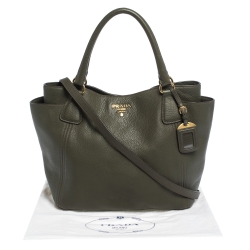Pre Owned Prada Militare Green Daino Leather Sacca 2 Manici Tote
