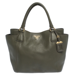 Pre Owned Prada Militare Green Daino Leather Sacca 2 Manici Tote