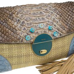 Pre Owned Prada Beige Python Stitched Paglia Twist Shoulder Bag