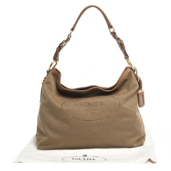 Pre Owned Prada Brown/Beige Logo Jacquard Canvas and Leather Hobo