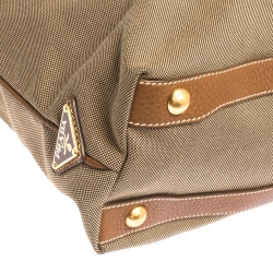 Pre Owned Prada Brown/Beige Logo Jacquard Canvas and Leather Hobo