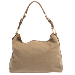 Pre Owned Prada Brown/Beige Logo Jacquard Canvas and Leather Hobo