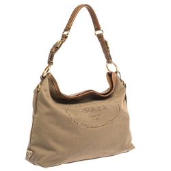 Pre Owned Prada Brown/Beige Logo Jacquard Canvas and Leather Hobo