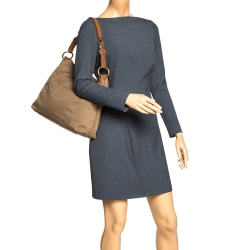 Pre Owned Prada Brown/Beige Logo Jacquard Canvas and Leather Hobo