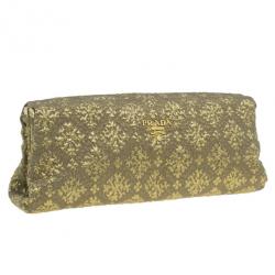 Pre Owned Prada Gold Fabric Floral Brocade Clutch