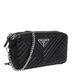 Pre Owned Prada Black Diagramme Leather Double Zip Shoulder Bag