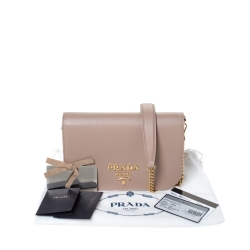 Pre Owned Prada Beige Saffiano Leather Flap Chain Clutch