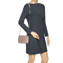 Pre Owned Prada Beige Saffiano Leather Flap Chain Clutch