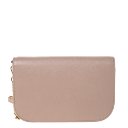 Pre Owned Prada Beige Saffiano Leather Flap Chain Clutch