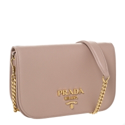Pre Owned Prada Beige Saffiano Leather Flap Chain Clutch