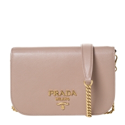 Pre Owned Prada Beige Saffiano Leather Flap Chain Clutch