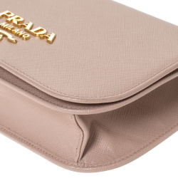 Pre Owned Prada Beige Saffiano Leather Flap Chain Clutch