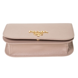 Pre Owned Prada Beige Saffiano Leather Flap Chain Clutch
