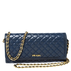 Pre Owned Prada Blue Quilted Leather Wallet on Chain