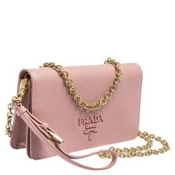 Pre Owned Prada Light Pink Saffiano Leather Wallet On Chain