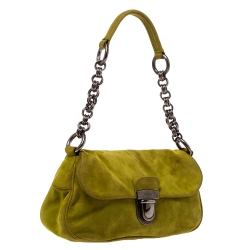 Pre Owned Prada Green Suede Flap Baguette Bag