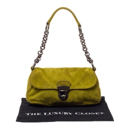 Pre Owned Prada Green Suede Flap Baguette Bag