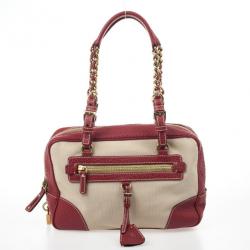 Pre Owned Prada Red Leather and Canvas Satchel