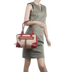 Pre Owned Prada Red Leather and Canvas Satchel