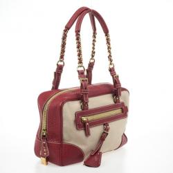 Pre Owned Prada Red Leather and Canvas Satchel