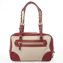 Pre Owned Prada Red Leather and Canvas Satchel