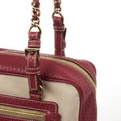 Pre Owned Prada Red Leather and Canvas Satchel