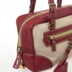 Pre Owned Prada Red Leather and Canvas Satchel