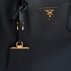 Pre Owned Prada Black Saffiano Cuir Leather Medium Double Handle Tote