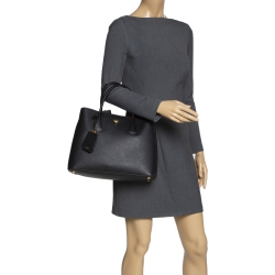 Pre Owned Prada Black Saffiano Cuir Leather Medium Double Handle Tote