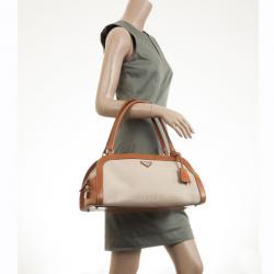 Pre Owned Prada Beige Canvas And Leather Top Handle Bag