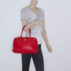 Pre Owned Prada Red Ostrich Top Handle Satchel