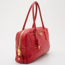 Pre Owned Prada Red Ostrich Top Handle Satchel