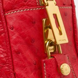 Pre Owned Prada Red Ostrich Top Handle Satchel